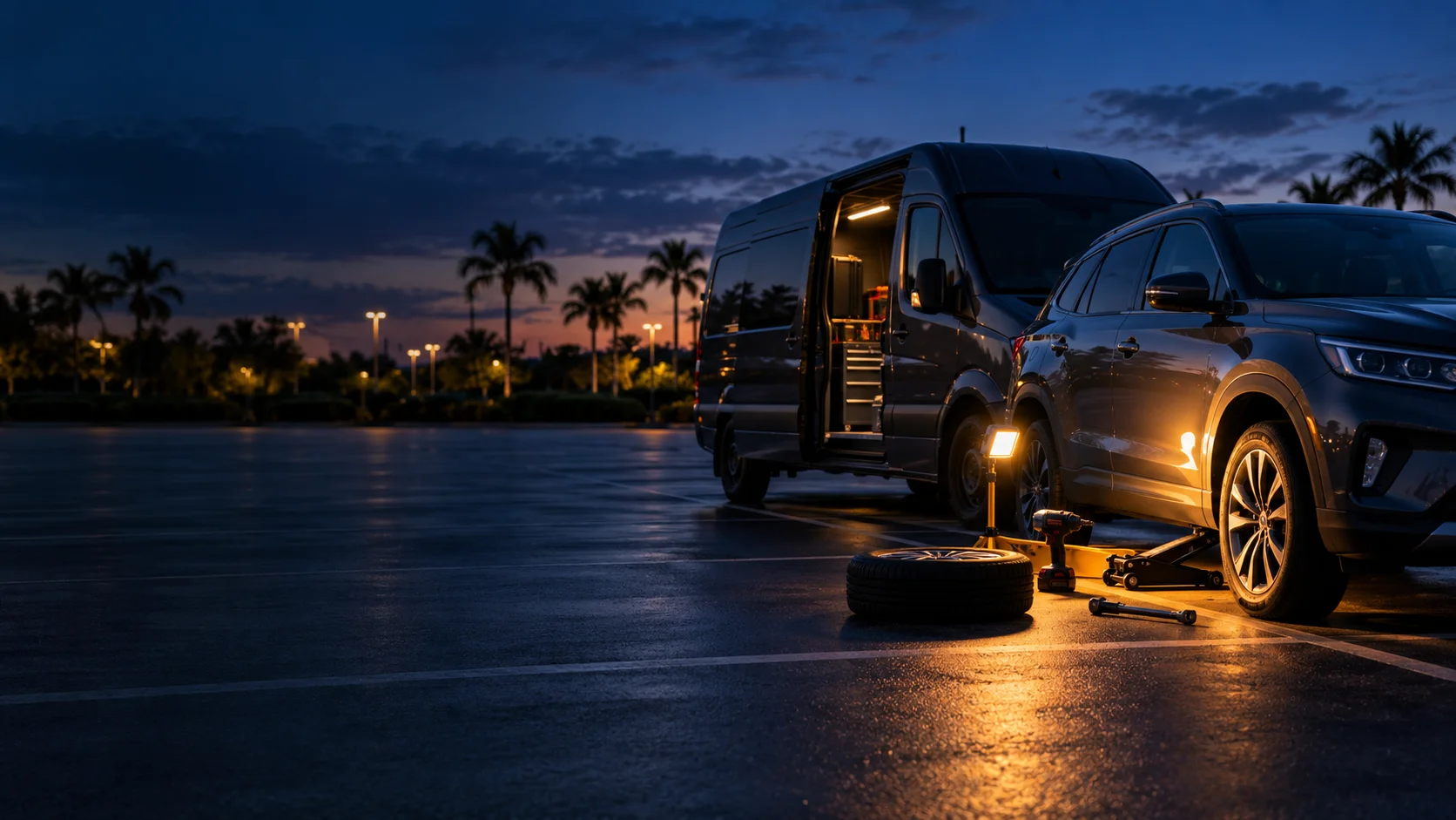 Illustrative roadside service scene with a van, SUV, and tire equipment at dusk